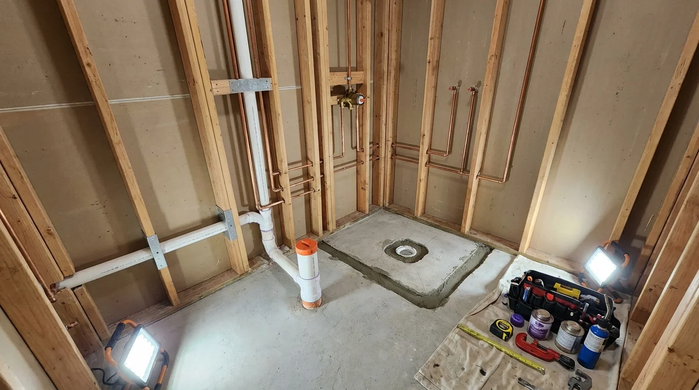 Bathroom rough-in plumbing during remodel by Johns Plumbing LLC in Saint Elmo