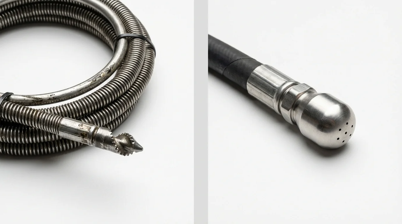 Drain snake cable and hydro jetting nozzle used for drain cleaning in Saint Elmo, IL