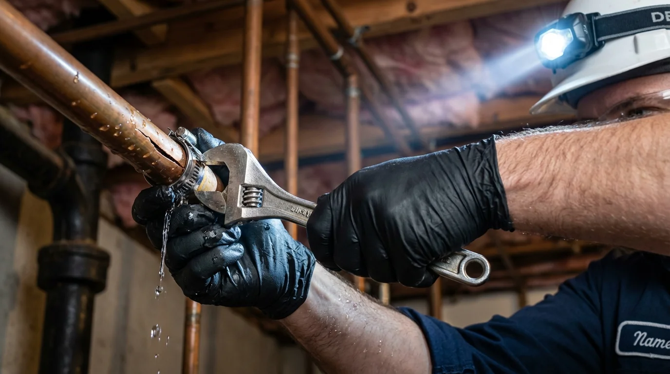 Emergency pipe clamp repair being performed by a Johns Plumbing LLC plumber in Saint Elmo