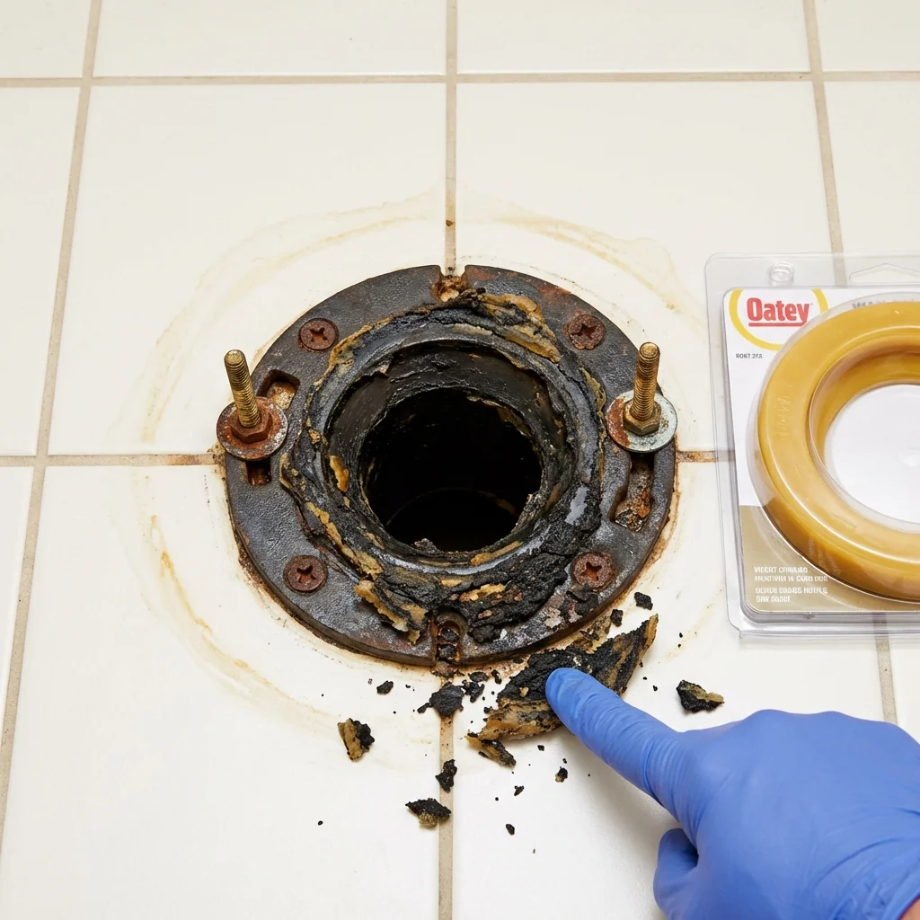 Failed wax ring showing water seepage at the base of a toilet in a Saint Elmo, IL home