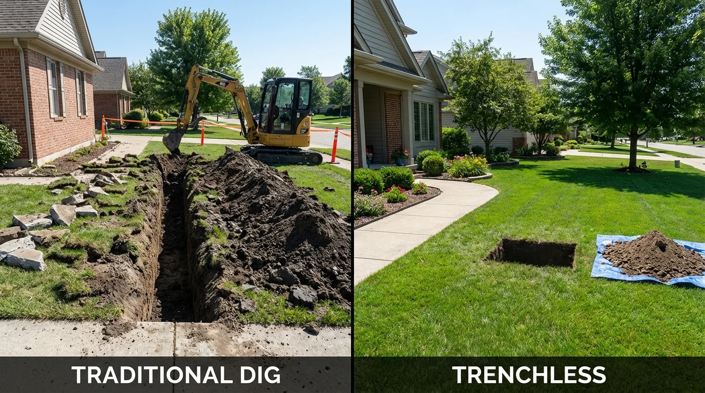 Trenchless sewer repair with minimal yard damage versus traditional excavation in Saint Elmo, IL