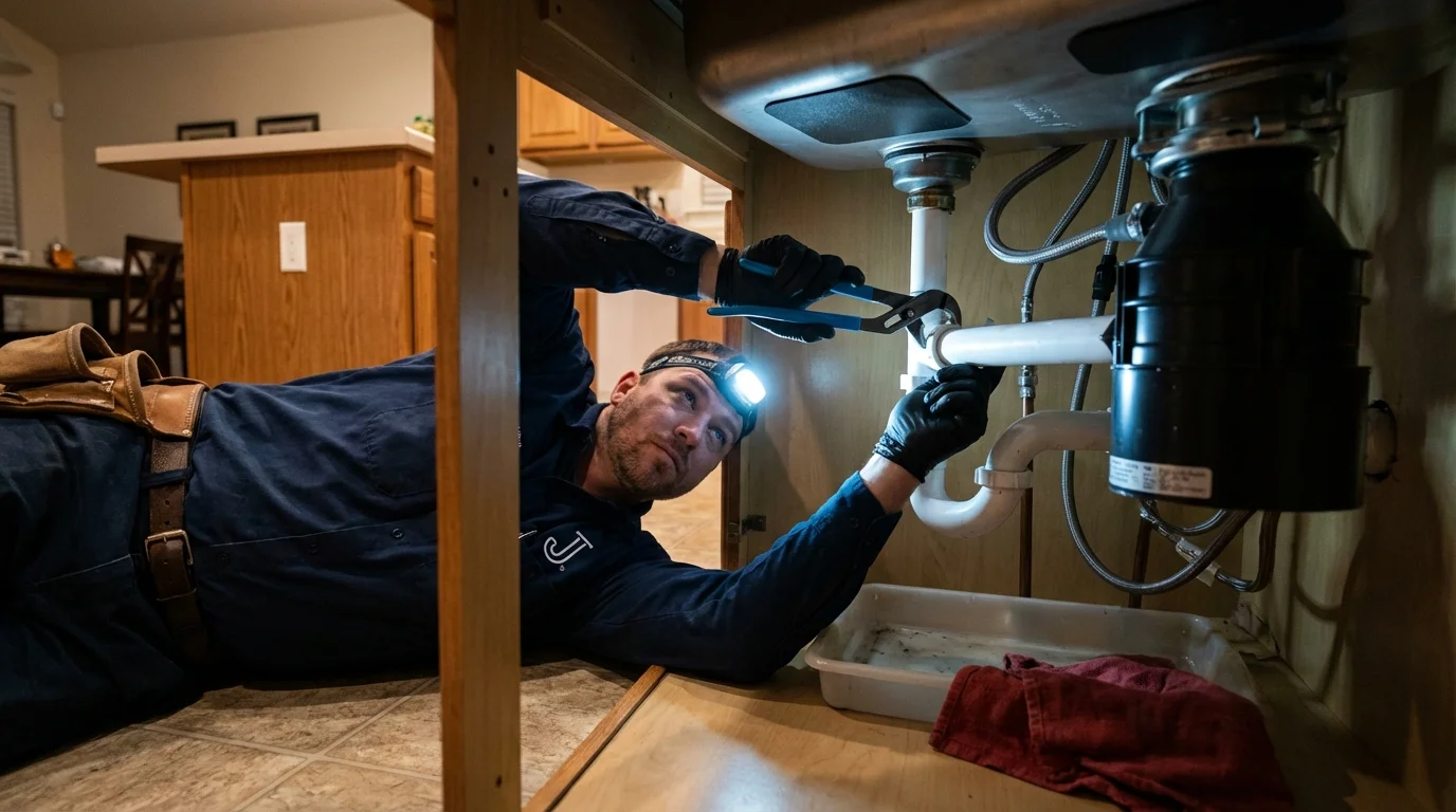 P-trap and supply line connections under a kitchen sink showing a common leak point in Saint Elmo, IL